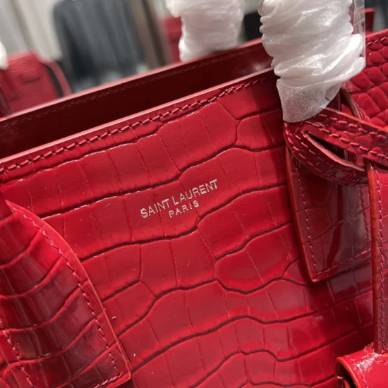 YSL Classic Sac De Jour In Red Crocodile Embossed Shiny Leather