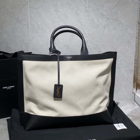 YSL Shopping Tote Saint Laurent E/W In Black Supple Carfskin and White Canvas