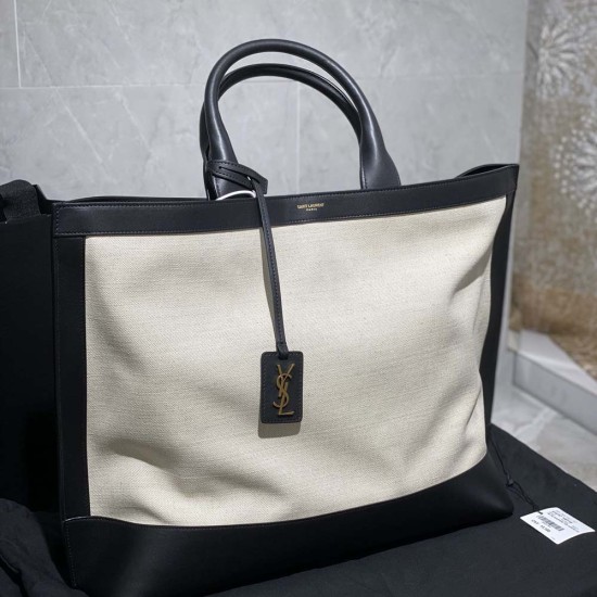 YSL Shopping Tote Saint Laurent E/W In Black Supple Carfskin and White Canvas