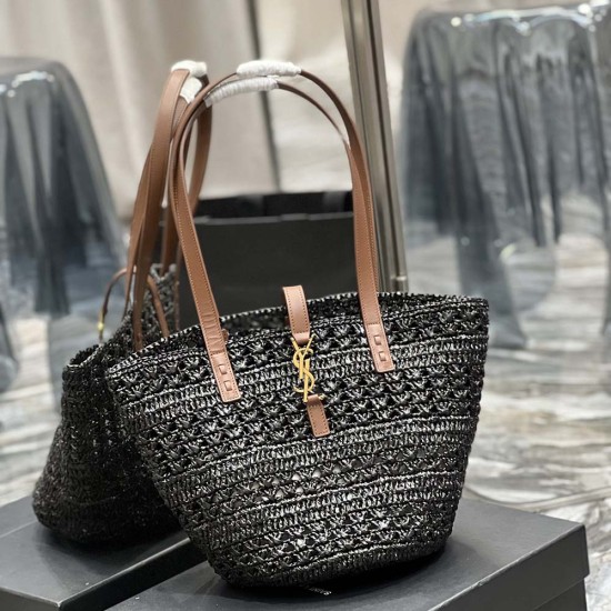 YSL Shopping Tote Bag In Raffia and Carfskin 2 Colors