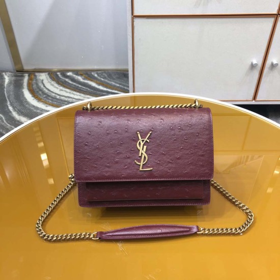 YSL Sunset Medium Chain Bag in Ostrich Pattern Calfskin Leather 5 Colors