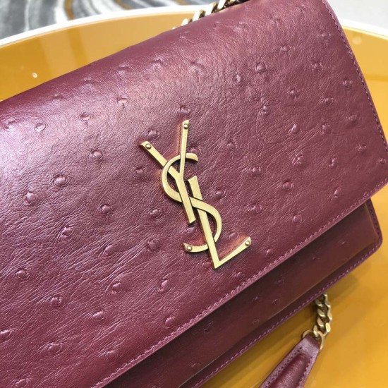 YSL Sunset Medium Chain Bag in Ostrich Pattern Calfskin Leather 5 Colors