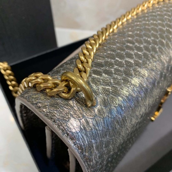 YSL Sunset Medium Chain Bag in Silver Snake Embossed Calfskin Leather