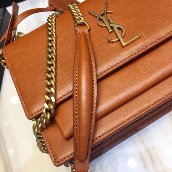 YSL Sunset Medium Chain Bag in Brown Calfskin Leather